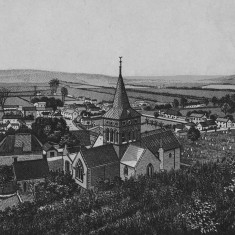 Engraving of All Saints Church and village, made c 1880 since it shows the new roof and closes which were part of the refurbishment by Ewart Christian,  commissioned by Rev William Brodie, vicar 1969 - 1882.