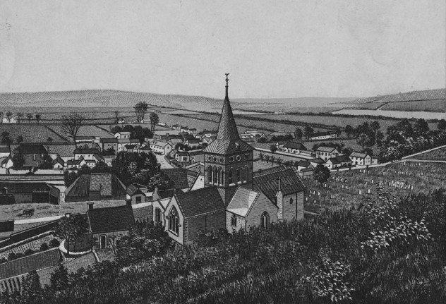 Engraving of All Saints Church and village, made c 1880 since it shows the new roof and closes which were part of the refurbishment by Ewart Christian,  commissioned by Rev William Brodie, vicar 1969 - 1882.