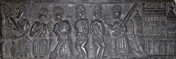 Adam and Eve are expelled from the Garden of Eden. On the right, Eve is taught to spin and Adam to dig.
