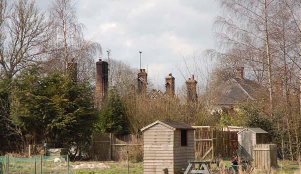 The view from the allotments, behind the cottages, shows the five chimney stacks still standing