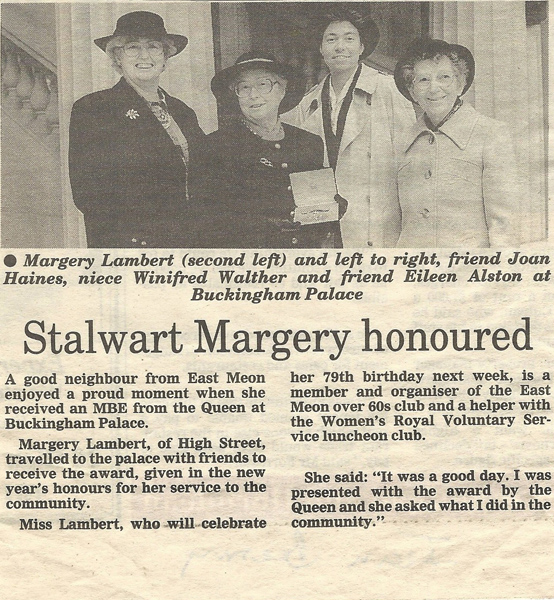 Margery Lambert honoured with MBE. Group included Joan Haines.