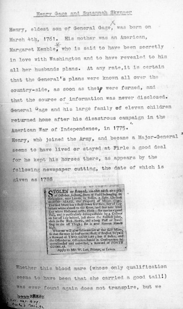 Notes and copies of newspaper articles pertaining to the marriage of Henry Gage and Suzannah Skynner, 1788