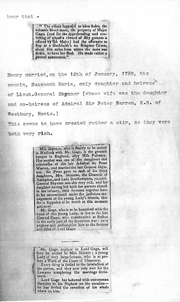 The clippings on this page note the immense wealth of both the Gage and Skynner families.