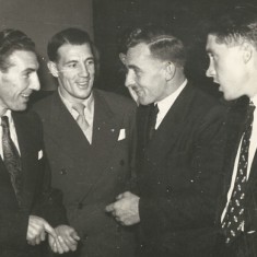 Two Portsmouth FC players, with Ron Watts, John Berry