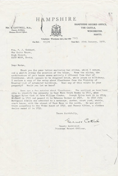 This letter was written in 1970 by Eleanor Cottrill, HRO archivist, giving information about early owners of Glenthorne. It mentions William Clerke, Joseph Eyles, Rebecca Docker,  Thomas Nathaniel Atkins.