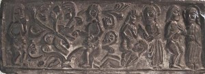 God creates Adam, and then Eve from Adam's rib. Eve is tempted to eat the apple, and in turn tempts Adam.
