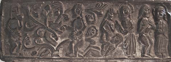 God creates Adam, and then Eve from Adam's rib. Eve is tempted to eat the apple, and in turn tempts Adam.