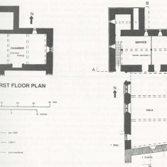 Ground floor plan, showing positions of the bishop's chapel and the oriel leading from the hall to his private suite. At the north end is the garedrobe block with latrine chute (L). The first floor plan shows the great chamber (or solar) and the garderobe block.