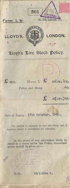Lloyds Livestock Policy Oct 1940 cover