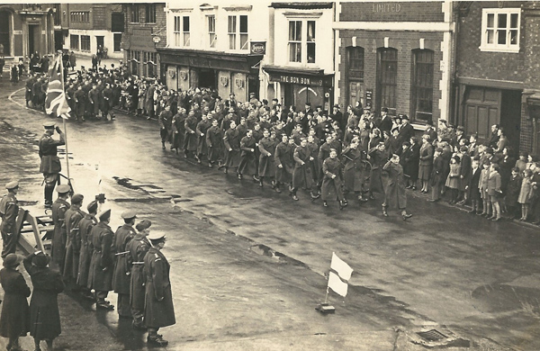Military parade in Petersfield. East Meon Home Guard, Jack Chitty with stick, back row, Phil Berry, RH back corner