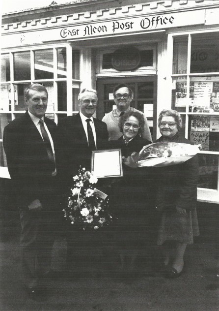 Mrs Philips' retirement, 1992. George Breatham, Post Office Manager, John Emptage, Mrs Philips. Iris Porter