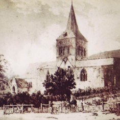 Print of All Saints, unknown date or artist, Note roof line and sizeable cottage in grounds