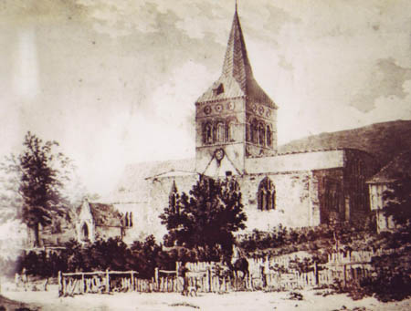 Print of All Saints, unknown date or artist, Note roof line and sizeable cottage in grounds