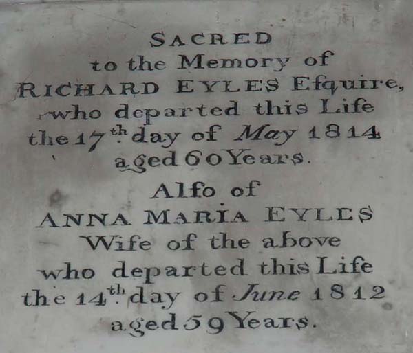 Plaque dedicated to Richard Eyles II, who died in 1814, and his wife Anna Maria.