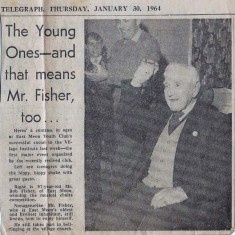 Hampshire Telegraph Jan 1964 Clipping from Daily Hampshire Telegraph, January 1964. It shows Bob Fisher, aged 97, winning the musical chairs competition at the Village Institute.
