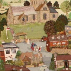 From the Millennium Embroidery, 2003. Wedding carriage outside All Saints.