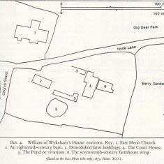 The environs. 1, All Saints Church. 2 18th century barn. 3. Demolished farm buildgins. 4. The Court House. 5. The pond. 6. 17th century farmhouse wing. 