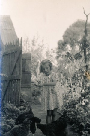 Olivia with chickens – the pig was kept nearby