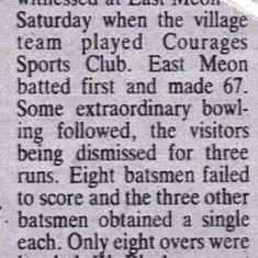 Clipping, 1929 Cricket Newspaper report of W. Blackman taking 8 for 0 runs in 4 overs, in 1929