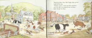 Cows and dogs in High Street, by Judy Brooks, showing All Saints Church, The Post Office (at the time), Glenthorne House (from the other direction).
