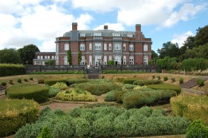 Leydene from south with garden pattern. The main house was converted into luxury apartments, and the mews into houses.