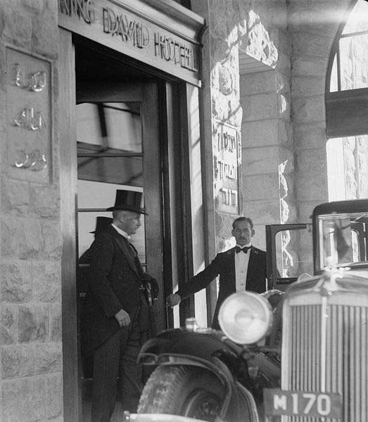 Lord_Peel_arrives at King David Hotel, during negotiations on the partitioning of Israel.