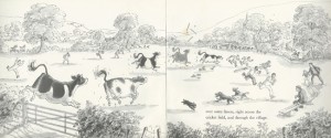 Mayhem on cricket pitch. This drawing accurately depicts the Recreation Ground on which East Meon Cricket Club plays its matches.