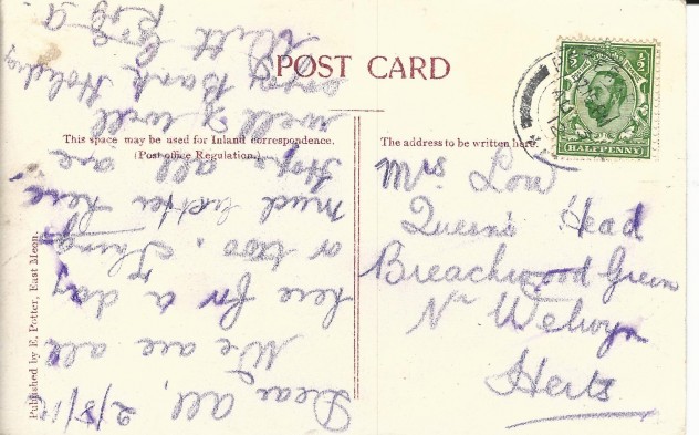 The reverse of the Bird's Eye Post Card. This stamp of George V was issued the year of his coronation, 1910. The text carries a date, sometime in the 1910s, but the last digit is not legible.