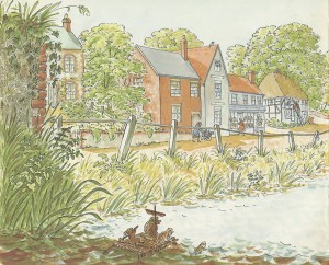 This page of Tim Mouse goes down the Stream shows the River Meon and the High Street, with The Country Store, owned by Judy Brook's father Geoff.