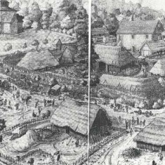 A brief history of East Meon. Artist's impression of Domesday village.
