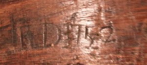 Mantel beam, RD carved The initials 'RD' carved on mantel beam, probably standing for Richard Dance.
