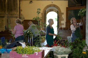 Flower arrangers by the West door of All Saints,June 2014.