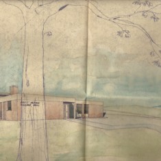 Architect's drawing of early concept of new Village Hall, 1973