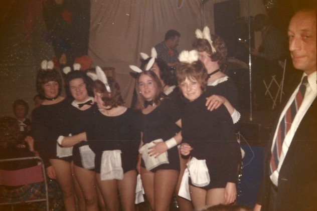 East Meon bunny girls at fund-raising dinner. Left to right, Joan Blackman, Pam Sparrow, Hazel Pamplin, Dawn Adams, Jenny Wheeler, at back Sheila Newbury and Joyce Colbourne. 