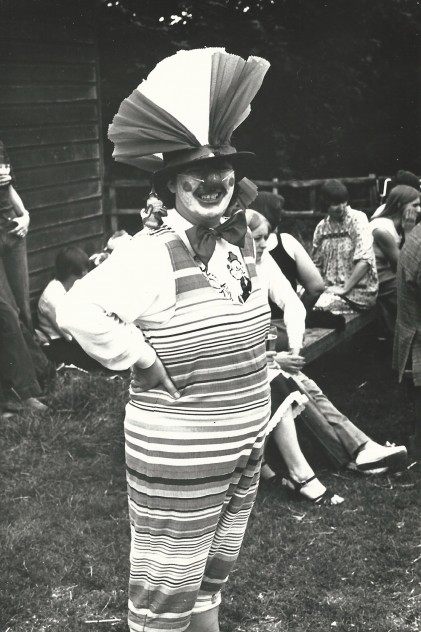 Fund-raising fancy dress event, Pam Sparrow as clown.