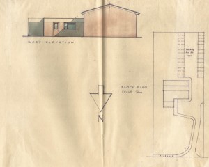 Coloured west elevation  and block plan for early design.