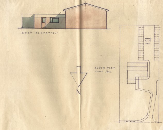 Coloured west elevation  and block plan for early design.