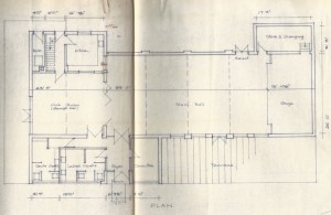 July 1973 Floor plan of hall. Note that a Committee room was proposed where gents' toilets now are.