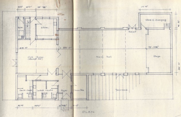 July 1973 Floor plan of hall. Note that a Committee room was proposed where gents' toilets now are.