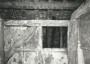 First floor room running North - South. Detail of original window on South wall