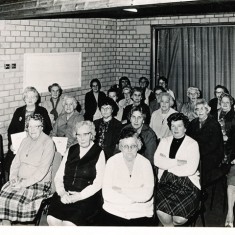 British Legion East Meon branch. The photo includes, first row, left to right, Ivy Cook, not known, Ethel Lambert; second row, second from left, Mrs Simpson, nk, Pam Goddard, on right, Thelma Hoare third row, Eileen Brook,, nk, Kath Adams.