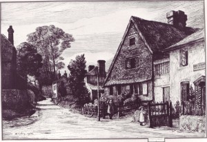 Engraving of The Cottage by Robert Bryden, 1905, showing house abutting, since demolished.