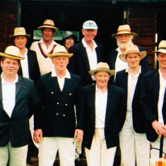 A team in the 1990s, including Jane Sims, tea maker, at the very back, Bill Tyrwhitt Drake, back row second from left, Frank Wheeler, back row extreme right, Dominic Carney, front row right, Alan Blackman third from right, front.