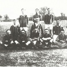 Early team. Goalie Caleb Kille, L. Back W. Nicholson, Ctr Half, P.C.Parminter, L Half, Bill Budd, Outside right Dido Moore, Inside Right, Chris Budd, Ctr Forward Joe Atkinson, Outside Left, Darkie Nicholson. With box, Mr Crockford, With flag, Mr Flux