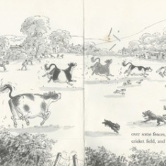 Judy Brooks' illustration of cows causing mayhem during an East Meon cricket match.