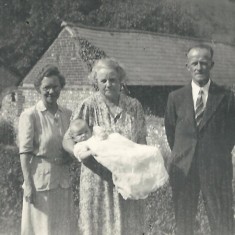 Christening party, 1947 Mrs Hastie, Ada Louise Lambert (wife of William Hope Lambert),Baby Nicola Lambert, Uncle Leslie Lambert