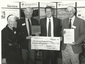 Presentation of cheque. HCC Countryside award, lichen, 1995  - Susan Delmar Morgan, Frank Wheeler, HCC officer, John Rendle
