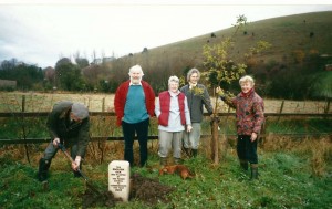 Planting Memorial Oak on Recreation Ground. From L, Frank Wheeler, Anella Parker Martin, Rosemary Ryder, Susan Hull
