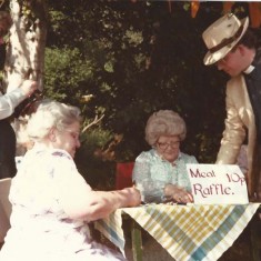 Church Fete. From left, Sheila Newbury, Iris Porter, ?, Rev Peter Wadsworth