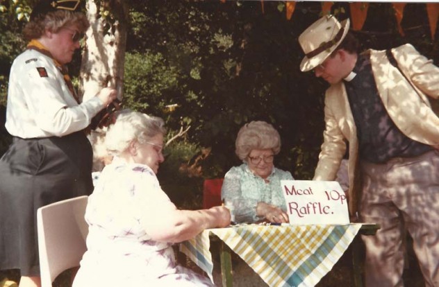 Church Fete. From left, Sheila Newbury, Iris Porter, ?, Rev Peter Wadsworth